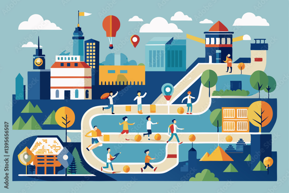 Marathon running route map with checkpoints, runners, and city landmarks, infographic vector for event promotions Marathon running route map with checkpoints, runners, and city landmarks, infographic vector for event promotions