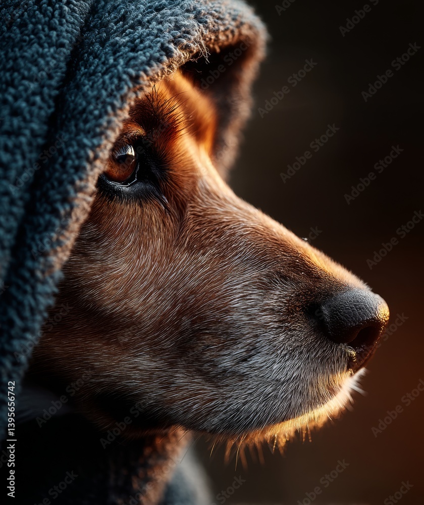a close-up of a dog wearing a blue hoodie The dog's face is visible, and the hoodie is pulled up over its head, obscuring its features
