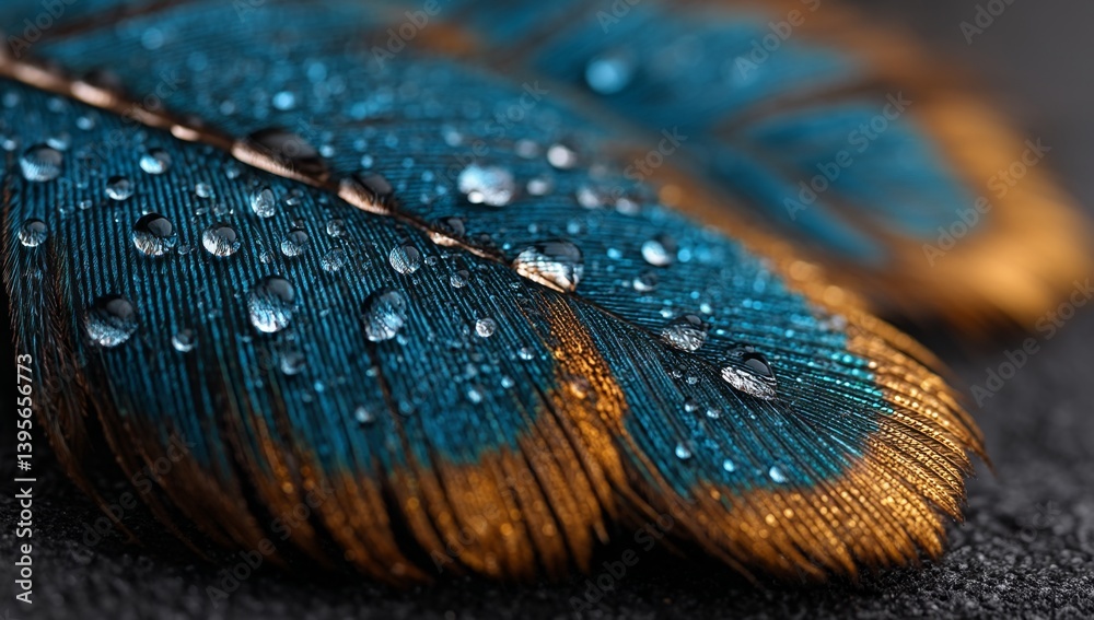 a close up of a blue and gold peacock feather with water droplets glistening on its surface