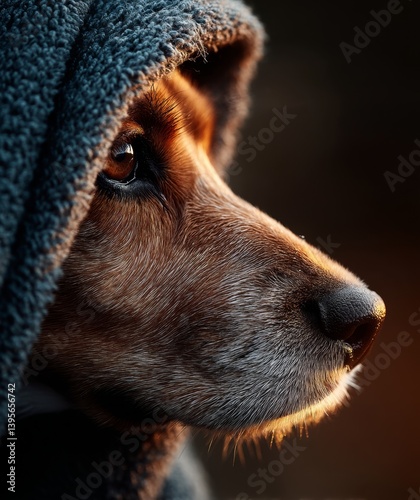 Obraz na płótnie a close-up of a dog wearing a blue hoodie The dog's face is visible, and the hoodie is pulled up over its head, obscuring its features w salonie