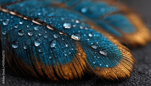 Obraz na płótnie a close up of a blue and gold peacock feather with water droplets glistening on its surface w salonie