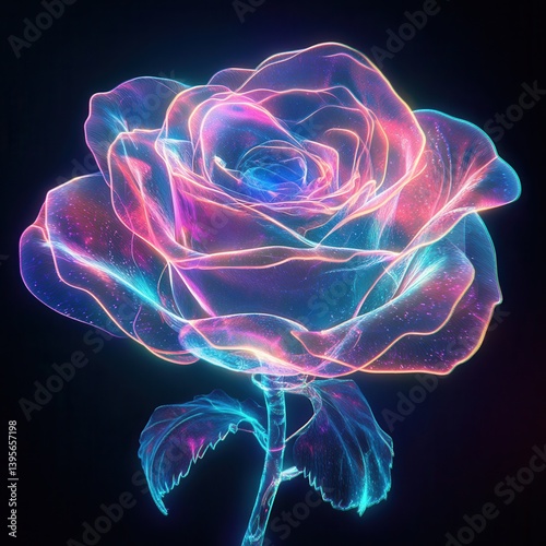 A neon-lit digital rose with glowing wireframe petals in vibrant colors, symbolizing the fusion of nature and technology.