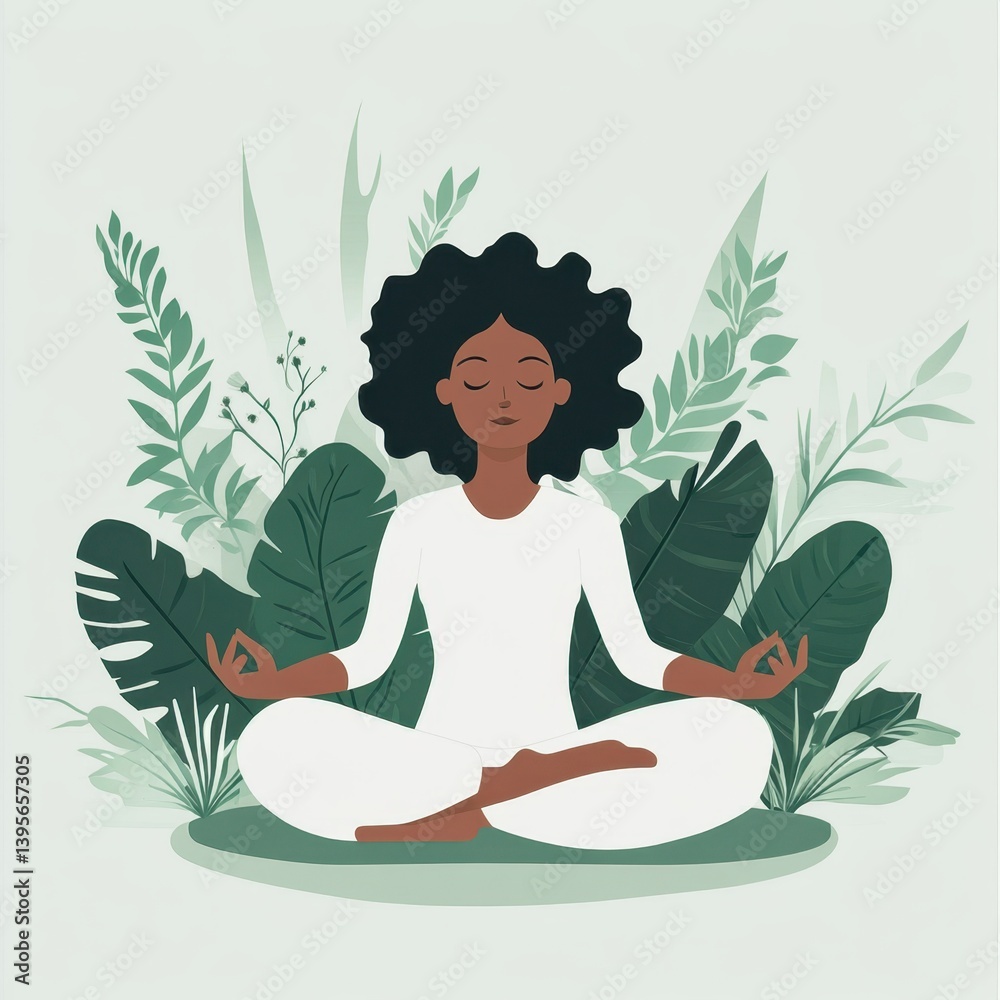 Minimalist illustration of a peaceful woman practicing meditation in a cross-legged pose, surrounded by green tropical plants. Minimalist illustration of a peaceful woman practicing meditation in a cross-legged pose, surrounded by green tropical plants.