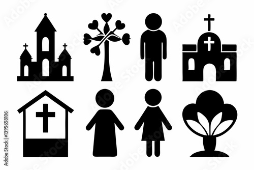christian icon set sihouette black vector