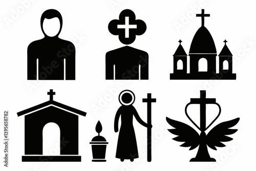 christian icon set sihouette black vector