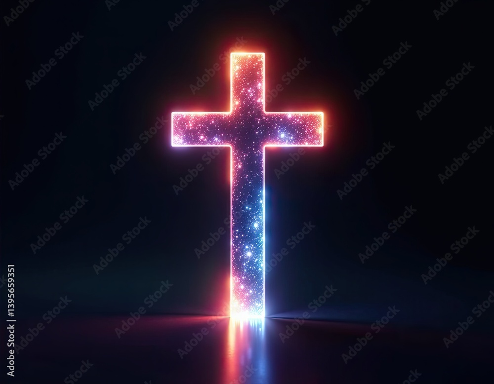 Glowing Neon Cross Symbol - Spiritual Faith Abstract Background