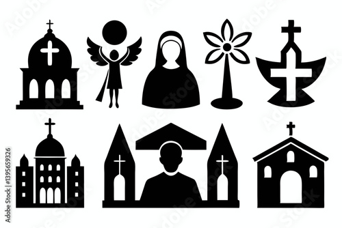 christian icon set sihouette black vector