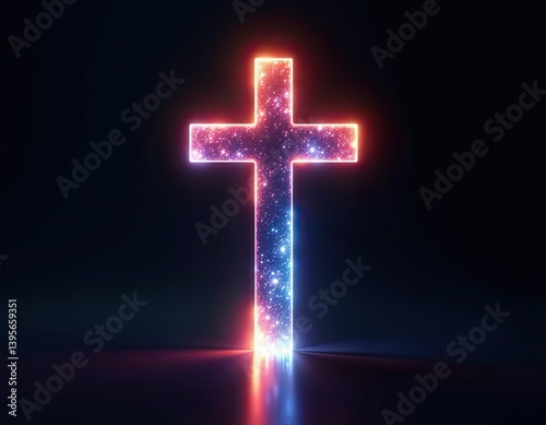Glowing Neon Cross Symbol - Spiritual Faith Abstract Background