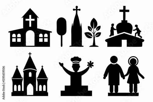 christian icon set sihouette black vector