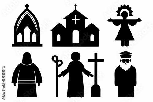 christian icon set sihouette black vector