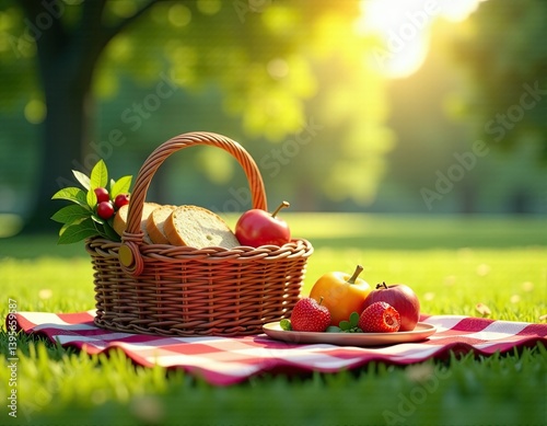 Obraz na płótnie Sunny Summer Picnic Basket with Bread and Fruit in Green Park w salonie
