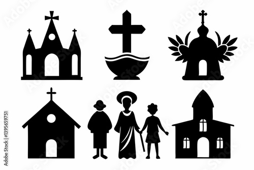 christian icon set sihouette black vector