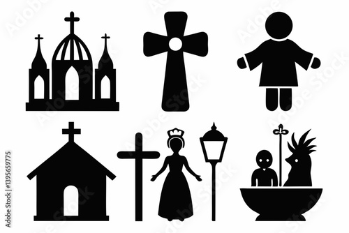 christian icon set sihouette black vector