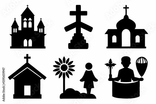 christian icon set sihouette black vector