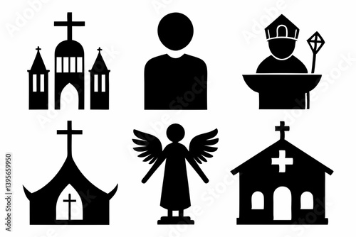 christian icon set sihouette black vector