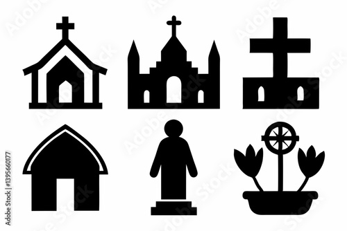 christian icon set sihouette black vector