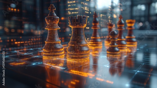 Chess pieces on futuristic board, city backdrop, strategy