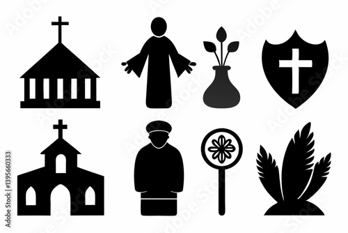 christian icon set sihouette black vector