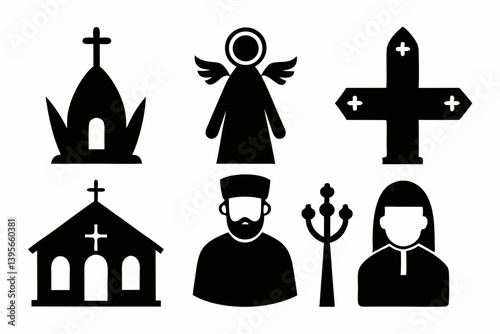 christian icon set sihouette black vector