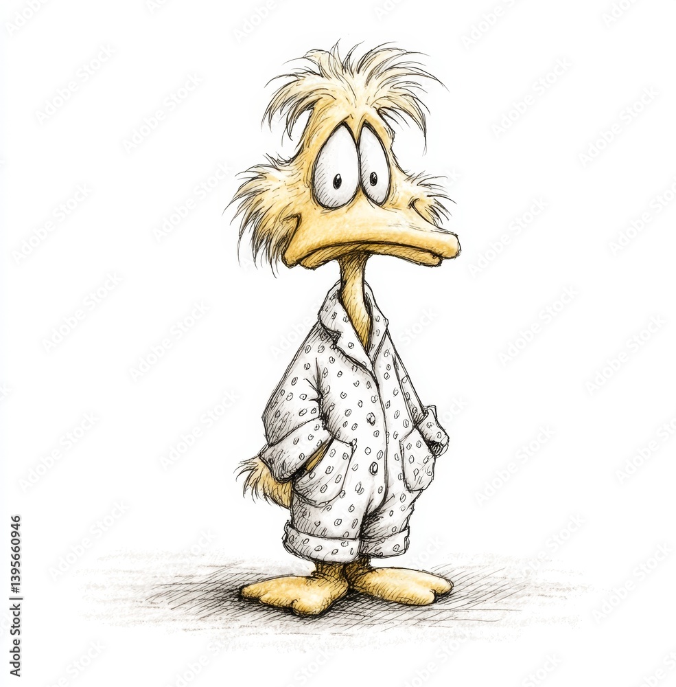a cartoon duck wearing pajamas, with a white background The duck is drawn in detail, with its feathers and beak clearly visible