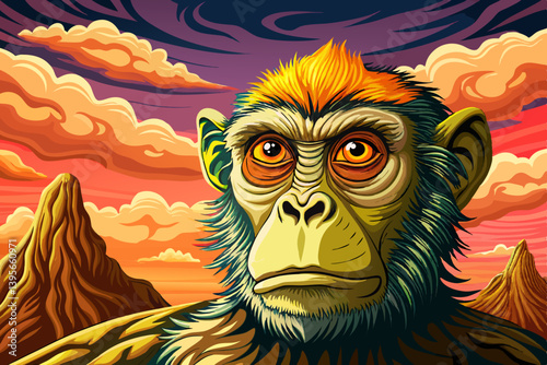 Monkey portrait on mysterious land under a strange colored sky, animal banner
