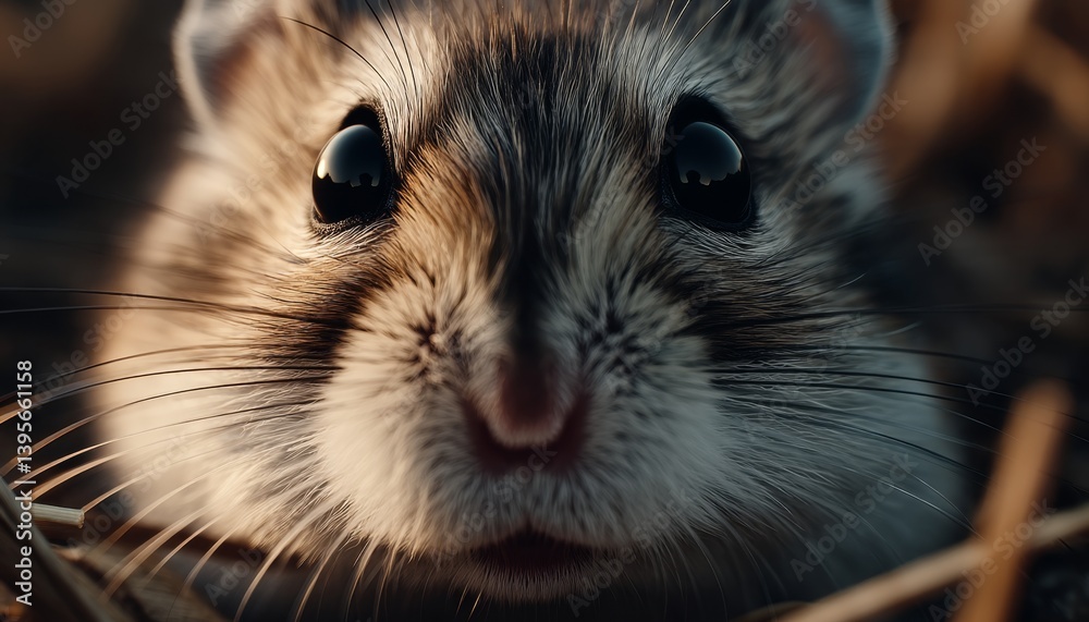 a close up of a hamster with its eyes wide open, surrounded by a few sticks in the foreground and a blurry background