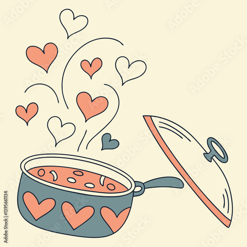 Abstract cooking pot with steam shaped like hearts