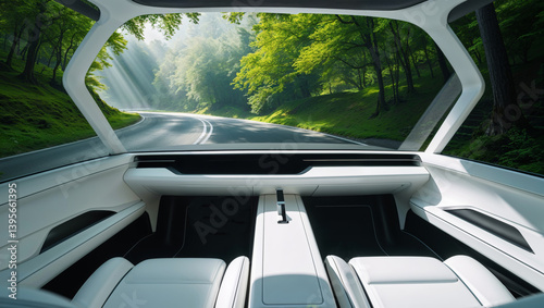 View from a futuristic car interior showcasing a winding road through a sunlit forest.