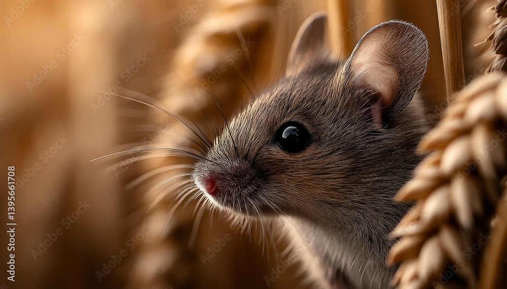 a mouse sitting in the middle of a field of wheat, with a blurred background The mouse is in focus, while the background is slightly out of focus, giving the image
