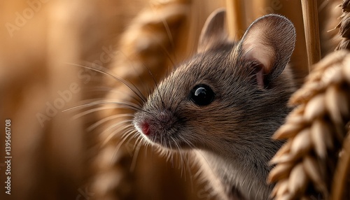 Obraz na płótnie a mouse sitting in the middle of a field of wheat, with a blurred background The mouse is in focus, while the background is slightly out of focus, giving the image w salonie