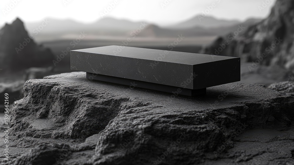 Rectangular block sits atop a rocky landscape, minimalist style, mountain background, monochrome aesthetic Rectangular block sits atop a rocky landscape, minimalist style, mountain background, monochrome aesthetic