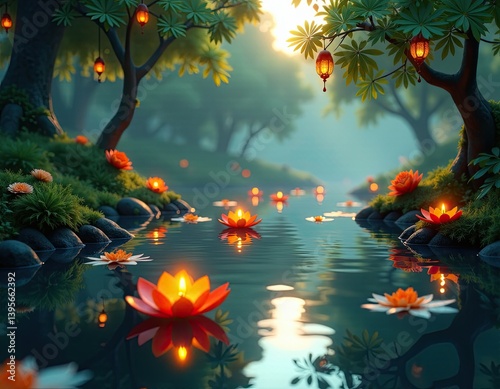 Serene River at Dusk Magical Floating Lotus Lanterns and Tranquil Forest