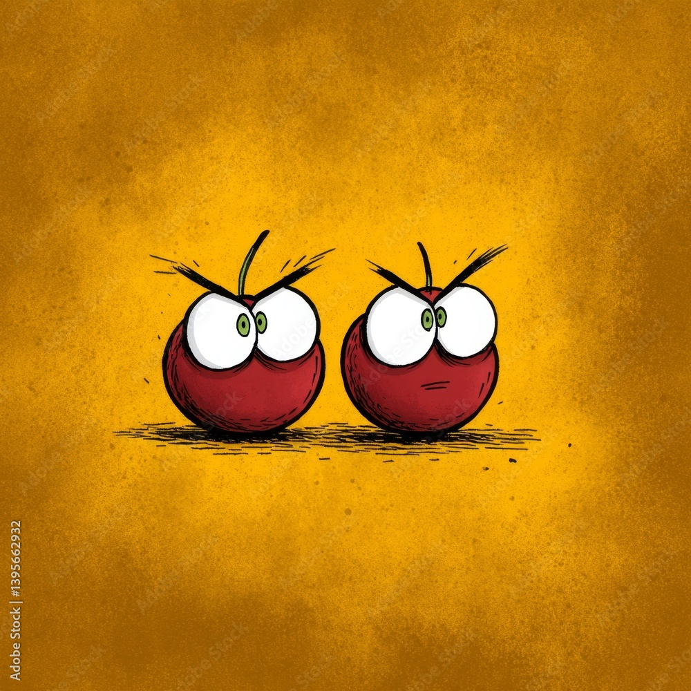 two red apples with big eyes on a yellow background The apples are animated, giving the image a lively feel
