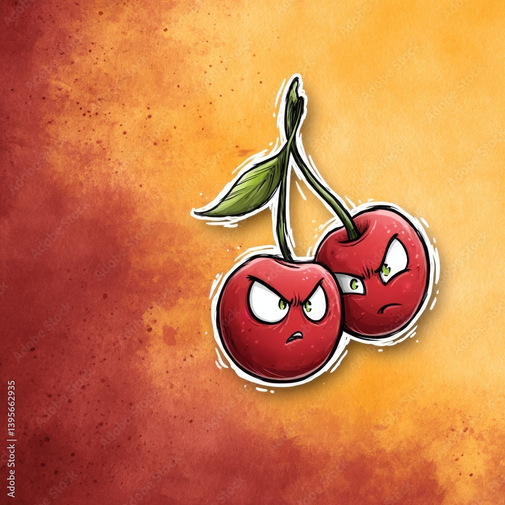 two cherries with green leaves on a vibrant orange and yellow background The cherries are animated, giving the image a lively and cheerful feel