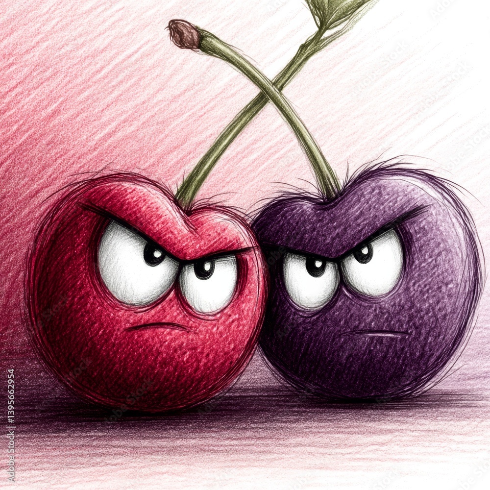 a drawing of two cherries with angry expressions on their faces, one red and one purple
