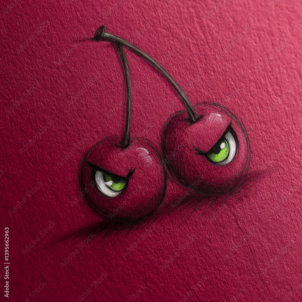 a painting of two cherries with green eyes on a pink background