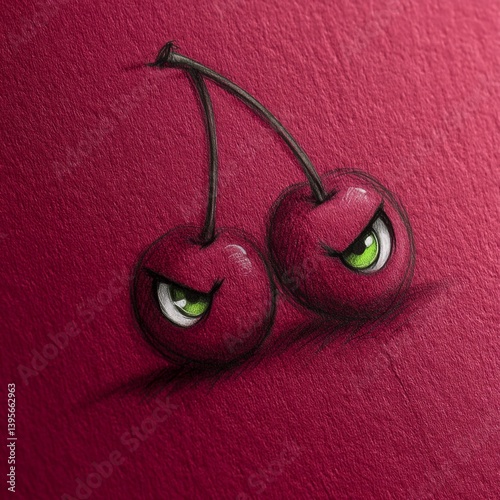 Obraz na płótnie a painting of two cherries with green eyes on a pink background w salonie