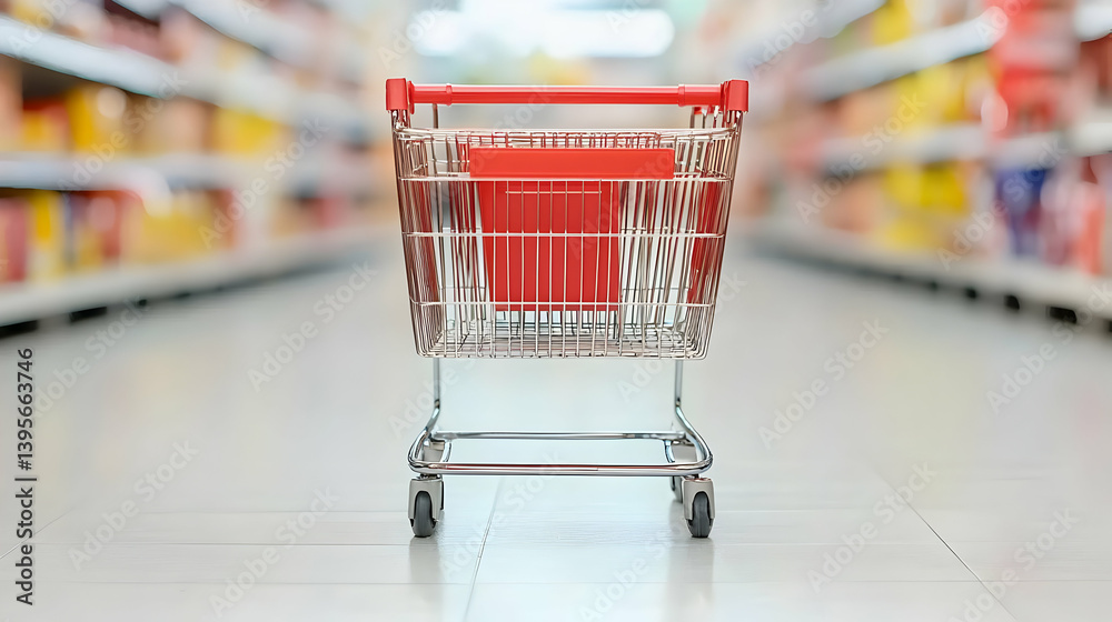 Empty Shopping Cart In Supermarket Aisle Empty Shopping Cart In Supermarket Aisle