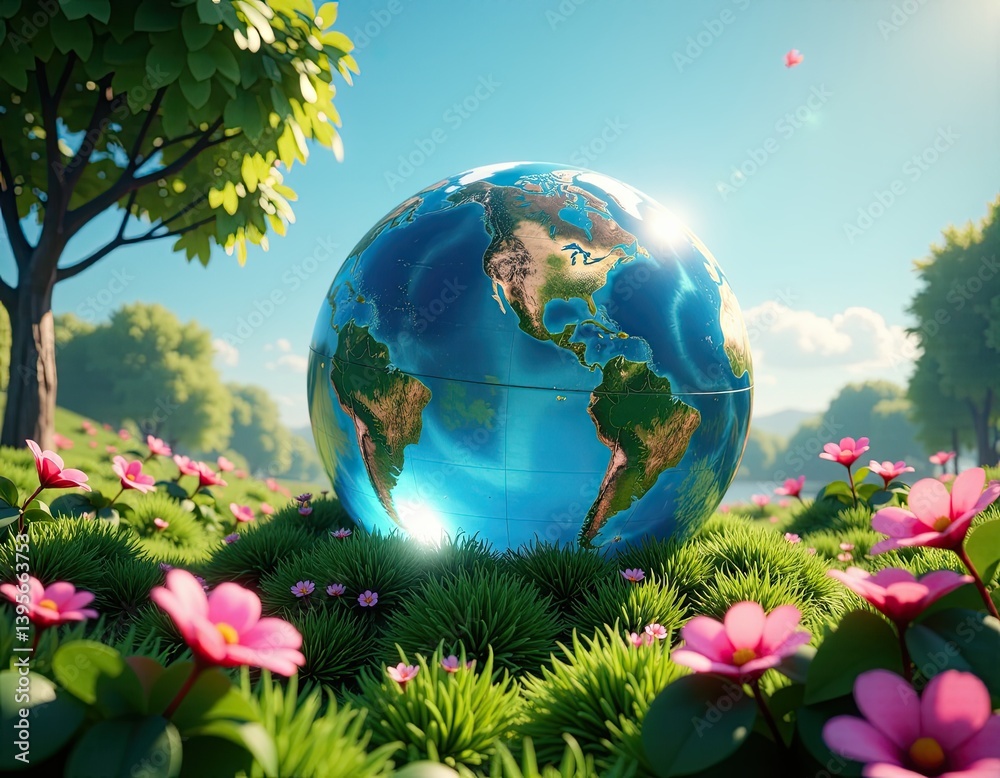 Earth Day Globe in a Spring Meadow - Eco-Friendly Concept