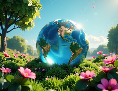 Obraz na płótnie Earth Day Globe in a Spring Meadow - Eco-Friendly Concept w salonie