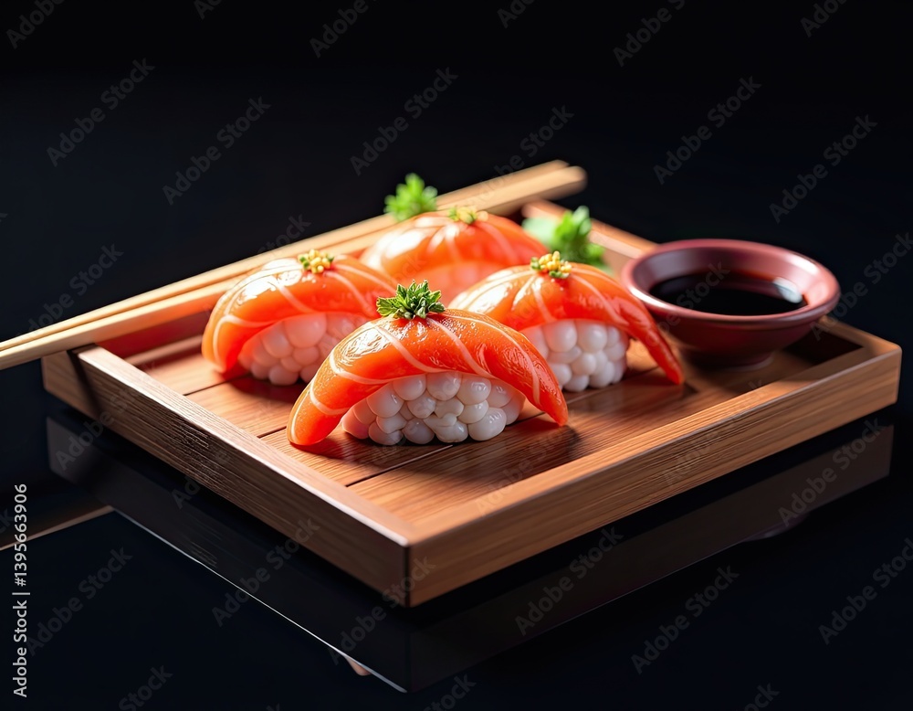 Delicious Salmon Sushi on Wooden Tray with Soy Sauce