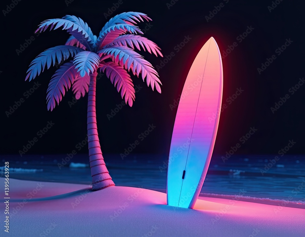 Neon Surfboard and Palm Tree on Beach at Night - Summer Vacation Concept