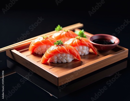 Obraz na płótnie Delicious Salmon Sushi on Wooden Tray with Soy Sauce w salonie
