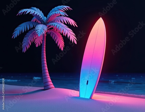 Neon Surfboard and Palm Tree on Beach at Night - Summer Vacation Concept