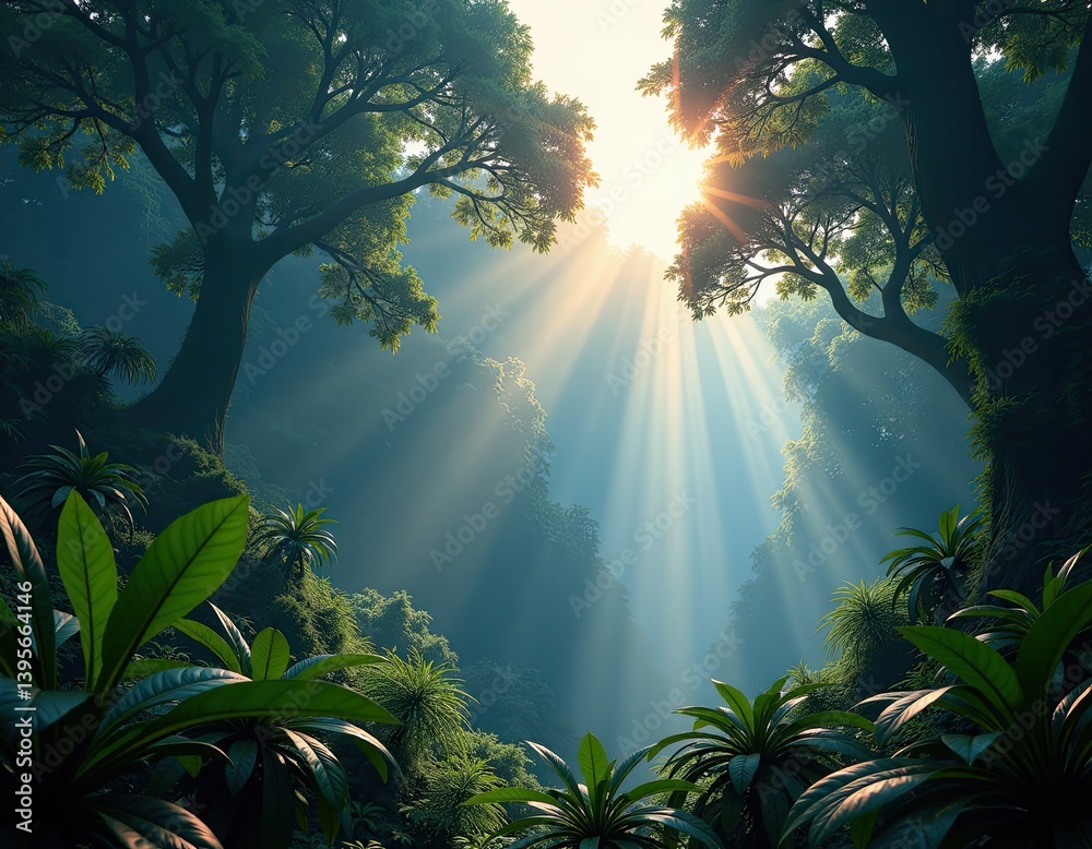 Sunbeams in Lush Tropical Rainforest - Magical Jungle Landscape
