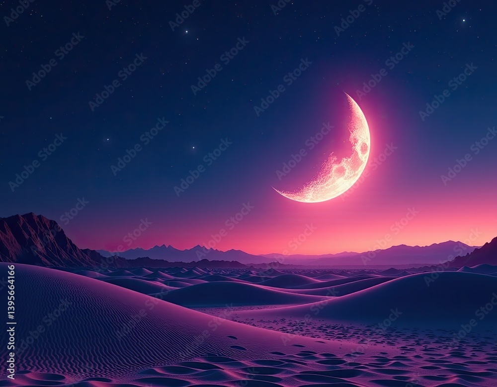 Pink Crescent Moon Over Desert Dunes at Night