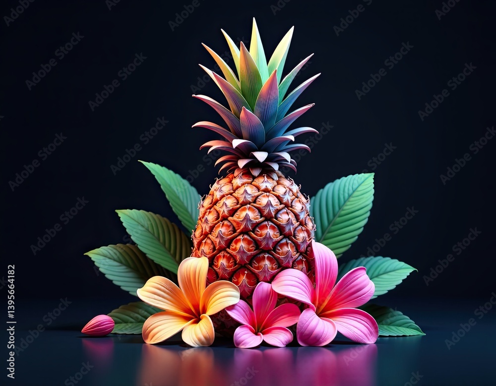Vibrant Pineapple with Tropical Flowers - Summer Fruit Still Life