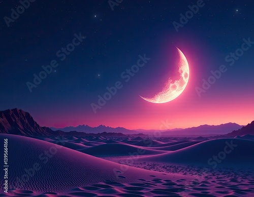 Obraz na płótnie Pink Crescent Moon Over Desert Dunes at Night w salonie