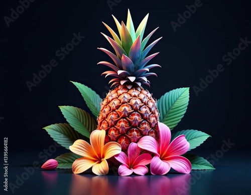 Obraz na płótnie Vibrant Pineapple with Tropical Flowers - Summer Fruit Still Life w salonie