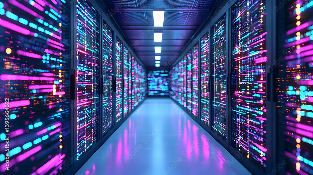 Obraz premium Futuristic Server Room With Glowing Neon Lights